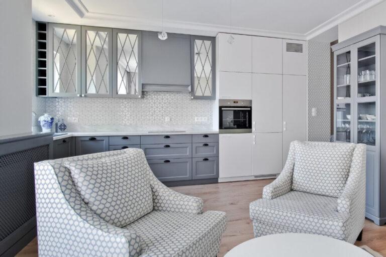 skandynawski salon z aneksem kuchennym diamond white star połysk raw decor